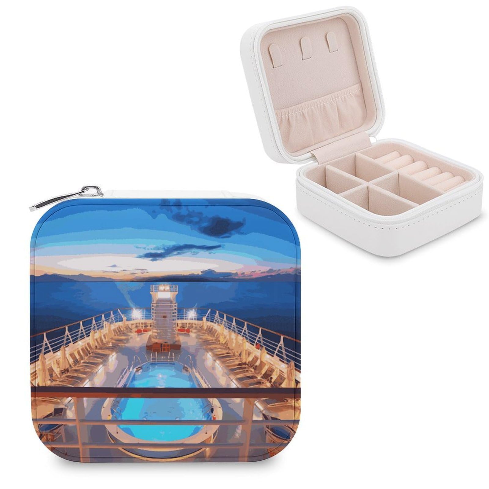 FekiLoot Pool Party Cruise Ship Jewelry Box Custom Jewelry Travel Case Pu Leather Trinket Organizer Box to Organize Ring Pendant Earring Small Portable Jewelry Storage Holder for Women