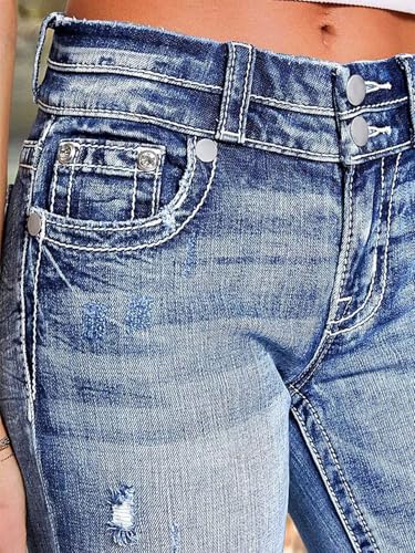 Flamingals Ripped Capri Jeans for Women Mid Waist Casual Dual Button Straight Leg Cropped Denim Jeans4