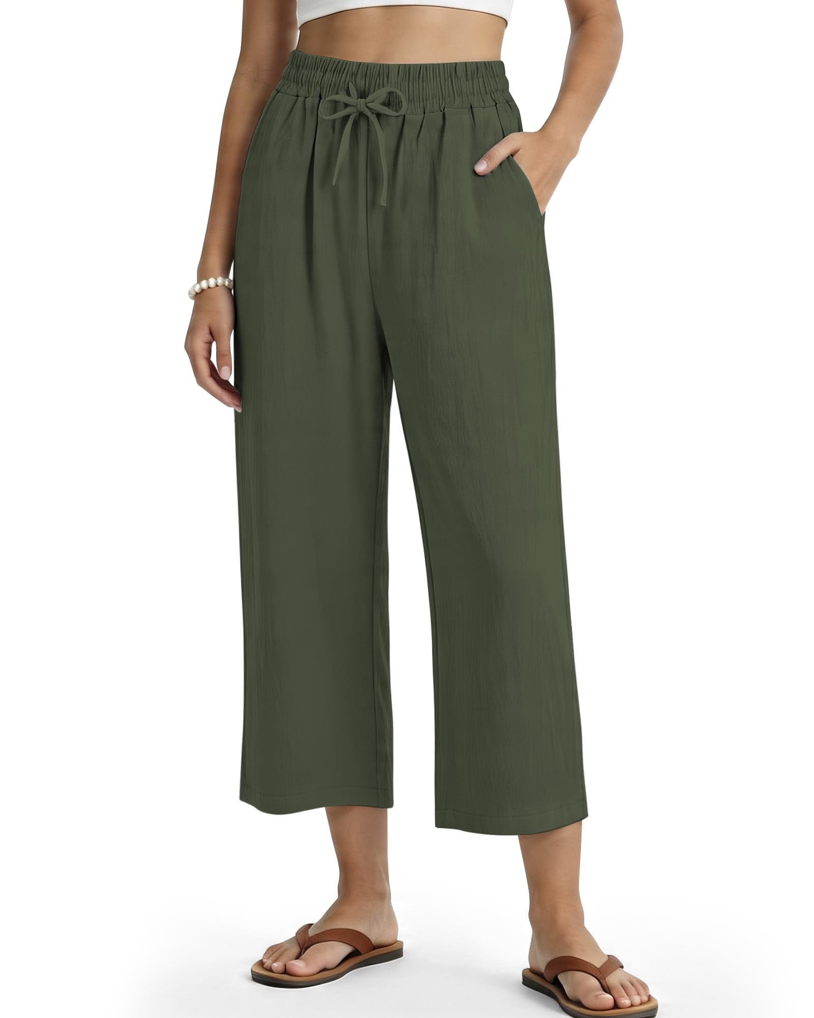 Women's Casual Capris Pants High Waist Pants Drawstring Loose Fit Summer Trousers with Pockets for Beach Vacation