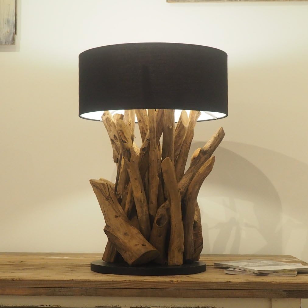 Rustic House Wooden Teak Root Table Lamp - Hallway Lighting - Bedside Table - Black Shade