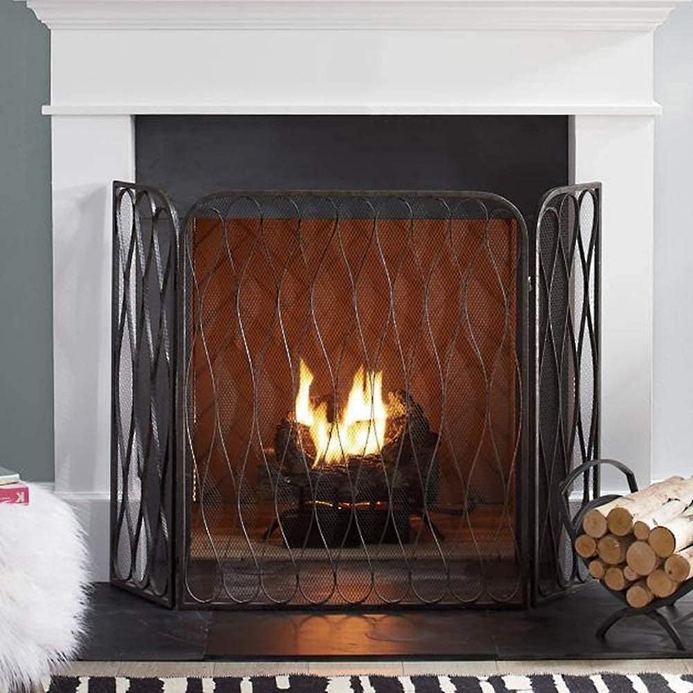 Fireplace Screen Guard,Protection 3-Panel 50x35in Wrought Iron Mesh Fireplace ScreenGuard Protector Gate w/Folding Panels, Black Rustic Worn Finish(Co