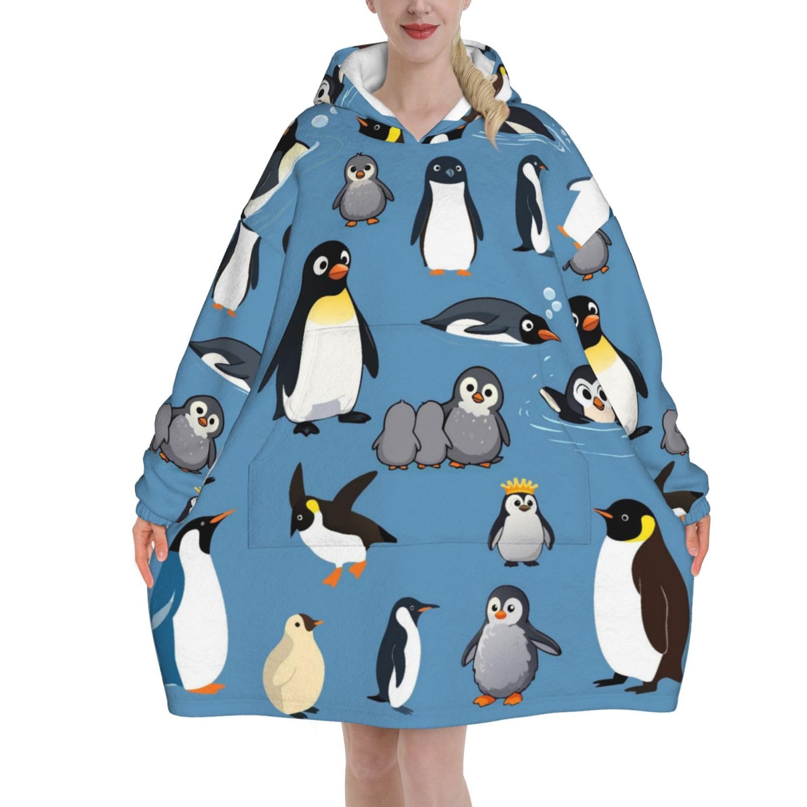 Wearable Blanket Hoodie for Women - Oversized Comfy Flannel Hoodie Blanket Sweatshirt, Snuggly Cute Penguin Printed Hooded Blanket, Cozy Gifts for Teen Girls Sister Women