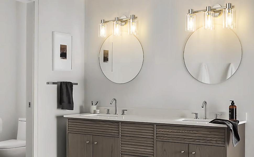Image of 3 Light Bathroom Wall Light Fixtures Chrome Bathroom Wall Sconce with Clear Glass Lights Over Mirror Vanity Lights E26 Base