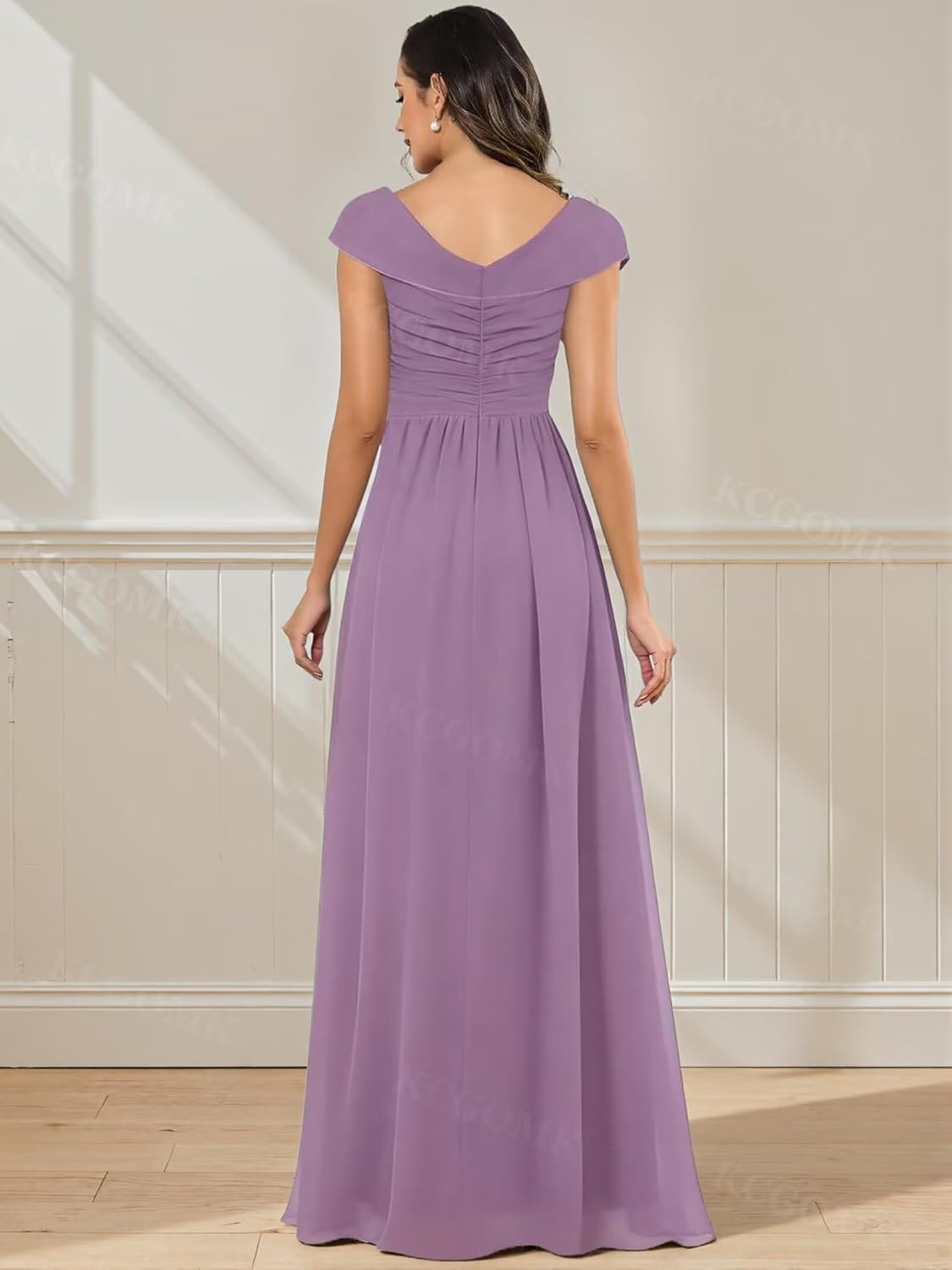 Chiffon Long Mother of The Bride Dresses for Women Beaded Asymmetric V-Neck Formal Evening Gowns with Sleeves