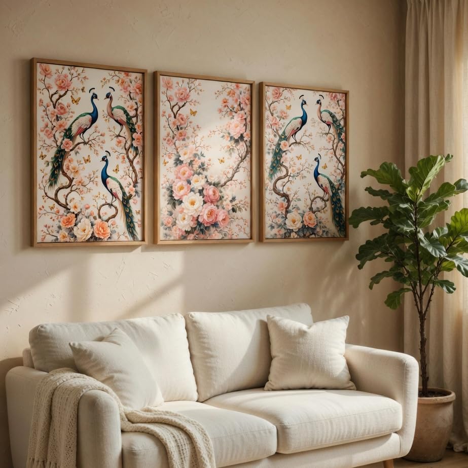 Image of Livin'luxe Peacock Floral Wall Painting Set of 3 with Wooden color Frames | Elegant Bird & Blossom Artwork HD Sparkle Laminated Wall Decor | Botanical Peacock Wall Art for Living Room Bedroom Hallway