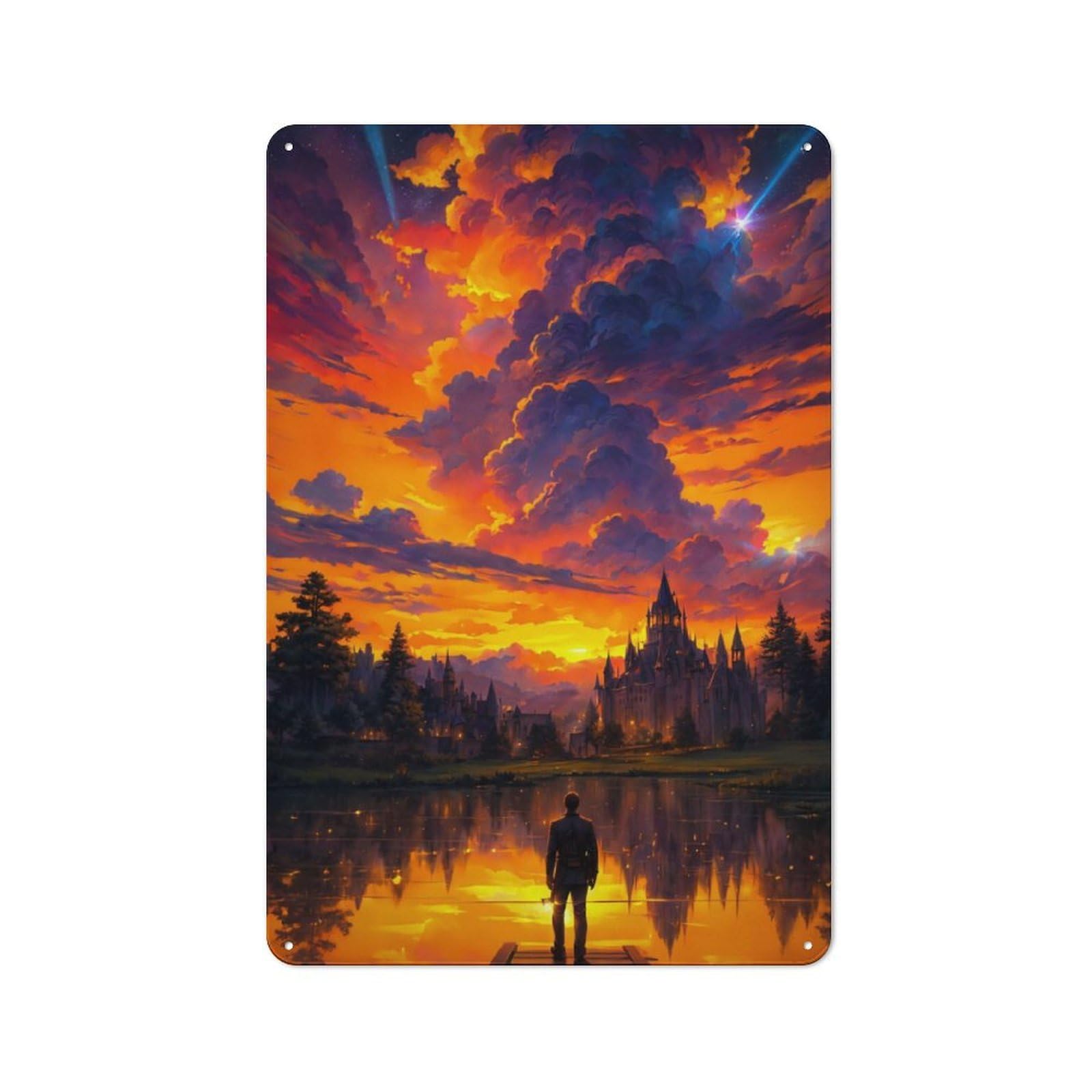 Junmoney Fantasy Sunset Castle Printed Metal Sign 30X20cm For Café Or Restaurant, For Hospitality Interior Collectors