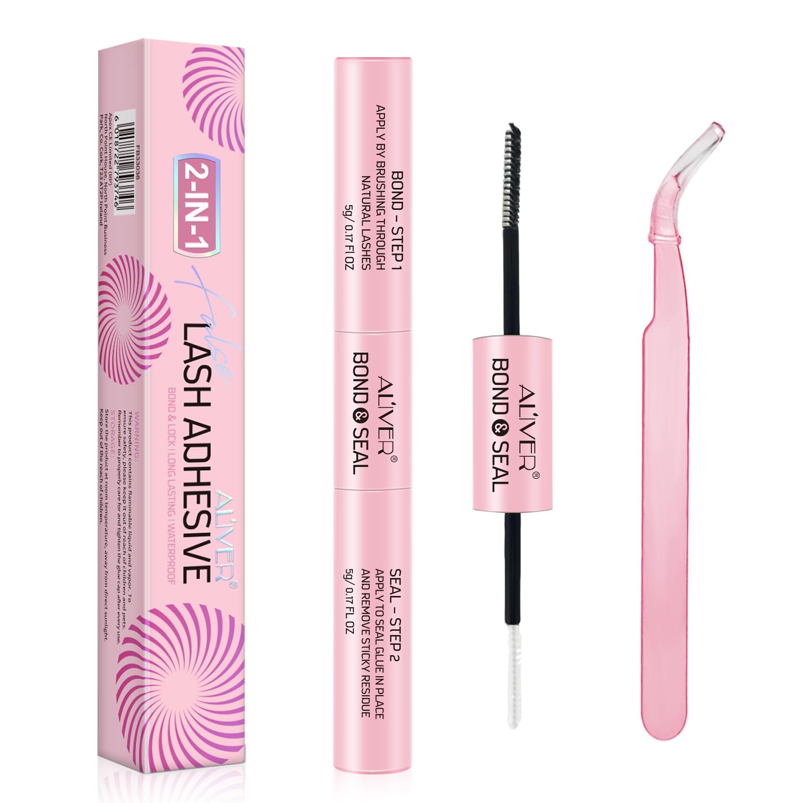 ALIVER Eyelash Adhesive and Sealant, 2 in 1 Eyelash Adhesive and Sealant and Pink Tweezers Waterproof and Sweatproof, Cluster Eyelash Glue for Eyelash Extensions, Long Lasting Strong Eyelash Glue Pink