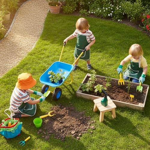 Image of Kids Gardening Metal Wheelbarrow Outdoor Toy with 12 PCS Tools(Blue Set) | Toddler Metal Wheelbarrow Children Apron,Gloves,Hat,Flower Pot,Bag,Label,Watering Sprayer,Pointed Shovel,Square Shovel,Rake