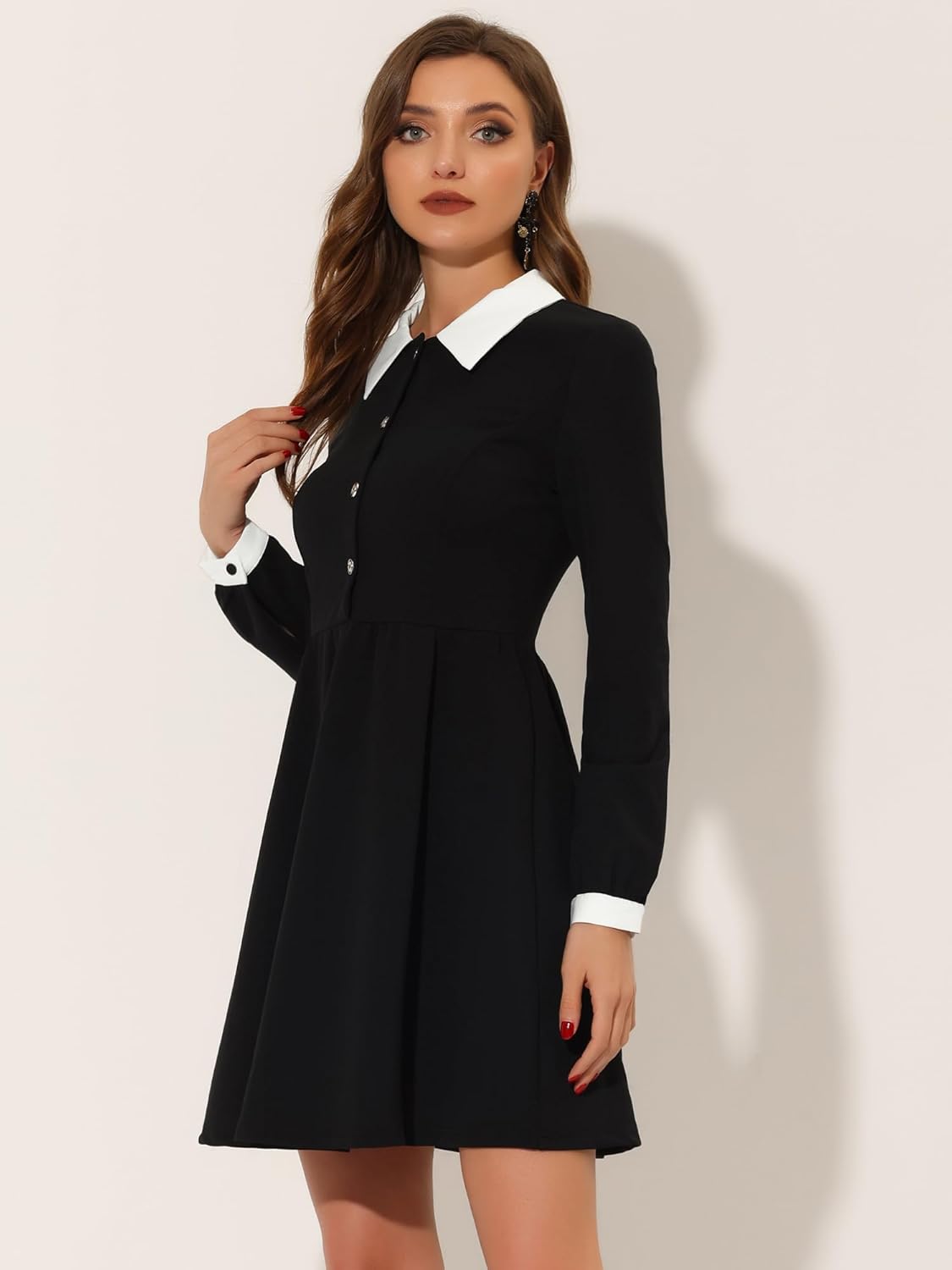 Allegra K Contrast Color Dress for Women's Collared Long Sleeve Halloween Party Flare Dresses - Image 2