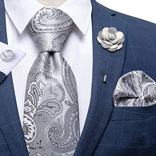 Image of DiBanGu Silk Ties for Men Necktie and Lapel Pin Brooch Set Formal Woven Paisley Plaid Striped Solid Tie Wedding Party