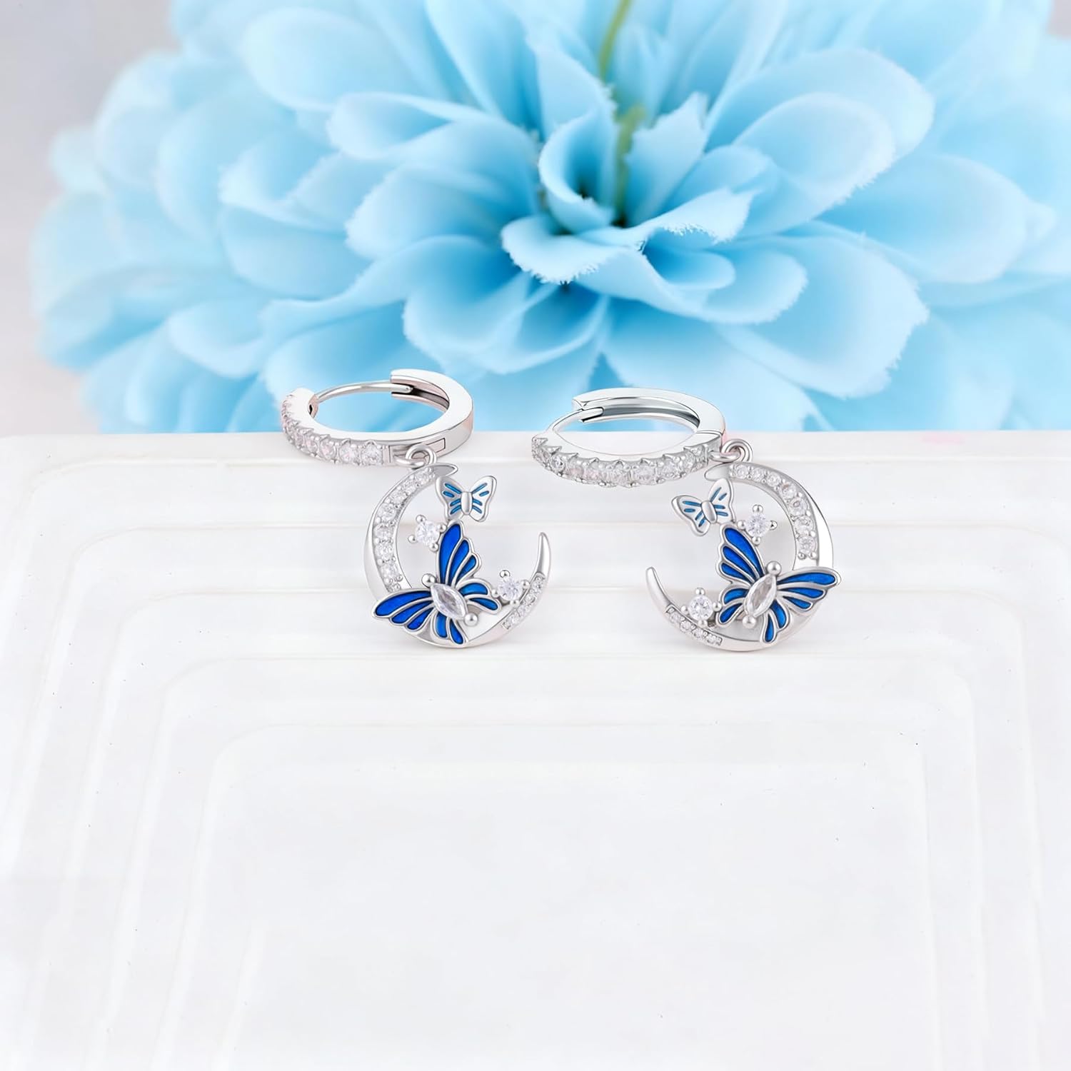 CZ Moon and Butterfly Earrings for Women S925 Sterling Silver Enamel Blue Butterfly Animal Dangle Hoop Earrings Moon Jewelry Birthday Anniversary Valentines Gifts for Wife Girlfriend Mom - Image 2