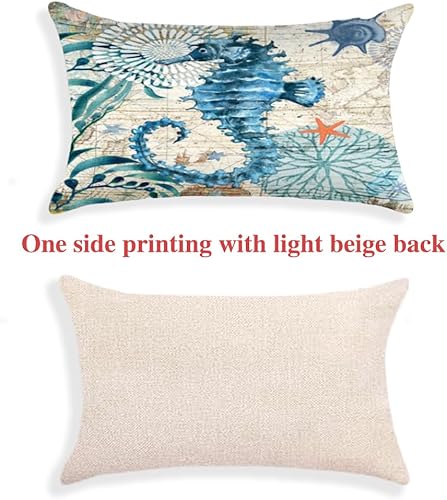Miniatura 4 de Juego de 2 fundas de almohada lumbar decorativas con temática oceánica de 12 x 20 pulgadas, diseño de caballito de mar con tortuga, océano