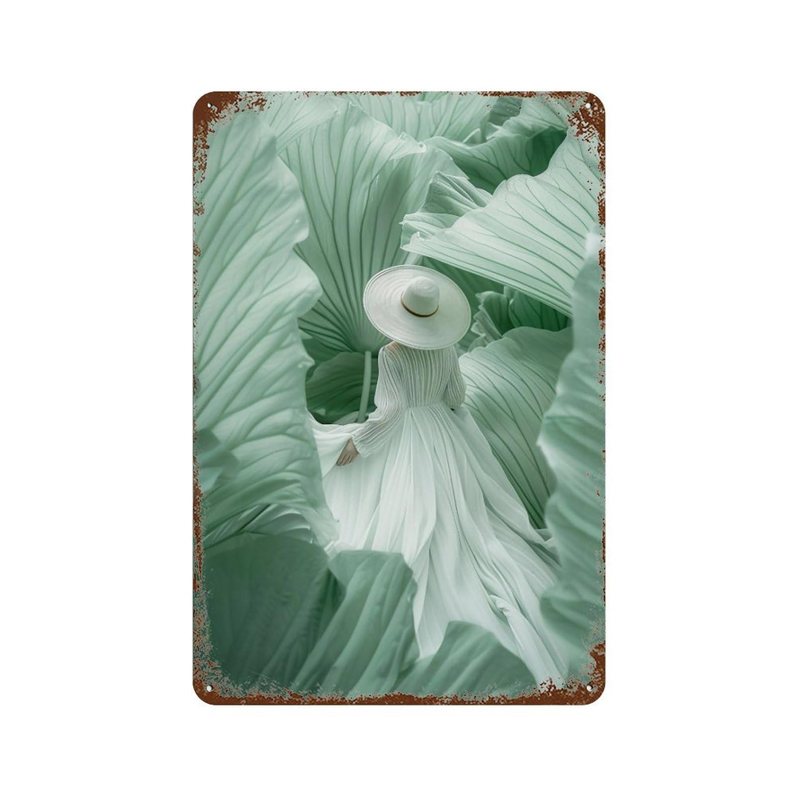 YHGERTKU Zen Giant Leaves And White Dress Person 01 Wall Art Retro Iron Vintage Metal Tin Sign Poster Modern Decor for Living Rooms Gift 30x20cm