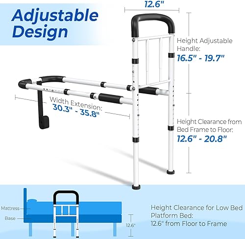 Miniatura 2 de Bed Rails for Elderly Adults Safety - ASTM Approved Adjustable Bed Cane Supports 350LBS with Non-Slip Grip & Storage Pocket, Stable Bed Assist Rails