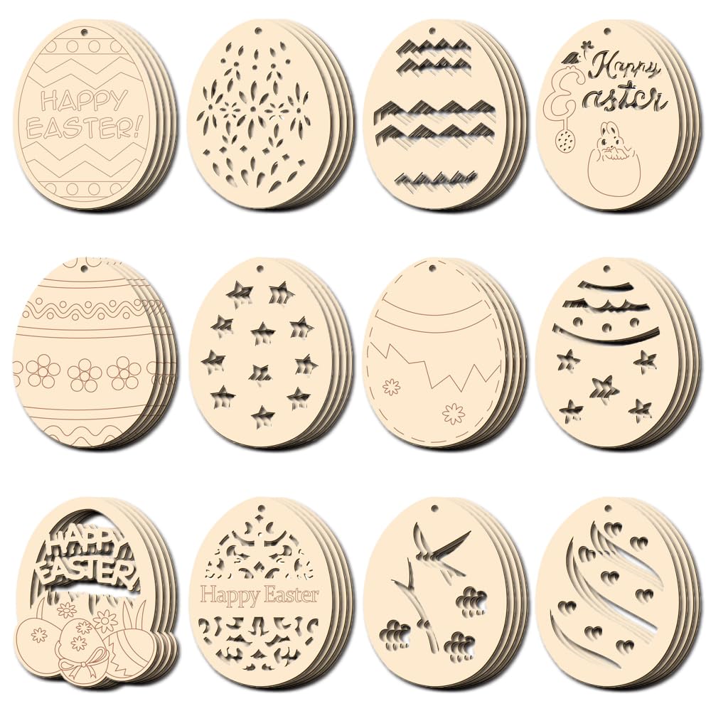 48 Piezas Colgante de Madera de Pascua,Huevos de Pascua Manualidades,Colgante Pascua Madera,Huevos de Madera para Pintar,Adorno de Madera Pascua,Manualidades de Madera de Pascua