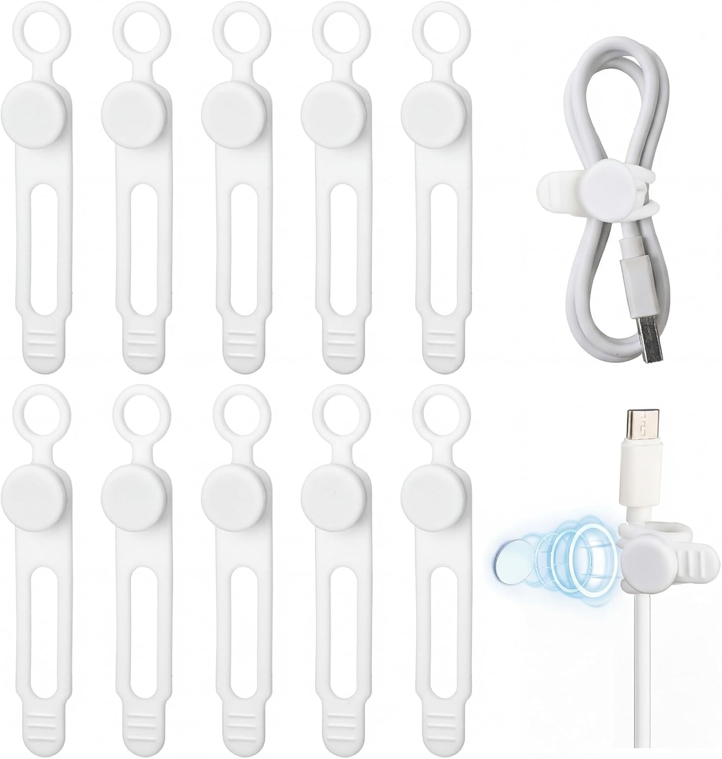 Geelin 10 Pack Magnetic Silicone Cable Ties bulk Reusable Cable Organizer Straps for Cord Management Magnetic Wire Ties for USB Cables Headphones Charger Cords Curtain Towel Straps(Gray)