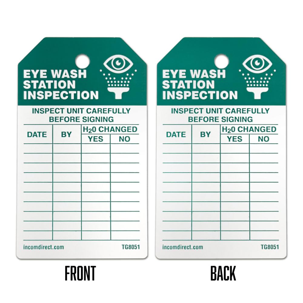 INCOM Manufacturing Inspection Tags, Eye Wash Station Inspection,Heavy-Duty DuraPly® Stock,Waterproof & Tear-Resistant,Green/Black On White, 5.75 Inch X 3.375 Inch X 10 Mil Thickness, 25 Pack,TG8051PT
