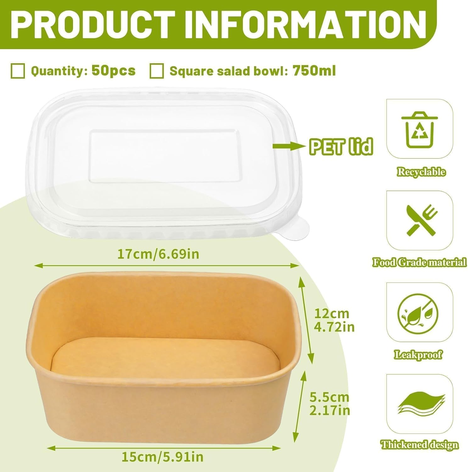 25 oz 50 Pcs Paper Bowls with Lids, Disposable Meal Prep Containers | Disposable Salad Bowls with Lids, Disposable Food Containers with Lids for Salad, Soup, Snacks, Desserts