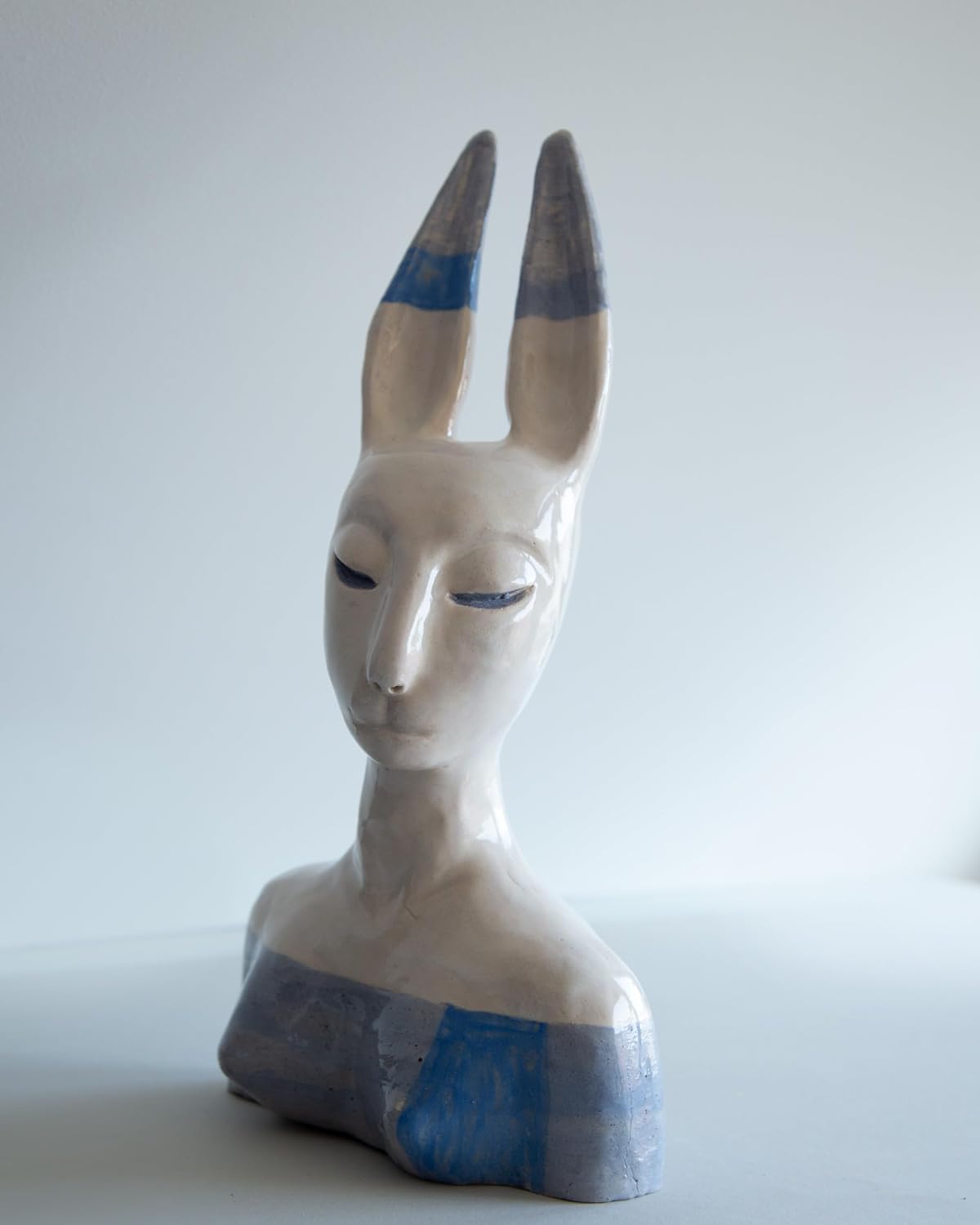 Ceramic Hare Woman Bust Sculpture – Whimsical Fantasy Statue – Handmade Home Decor Art