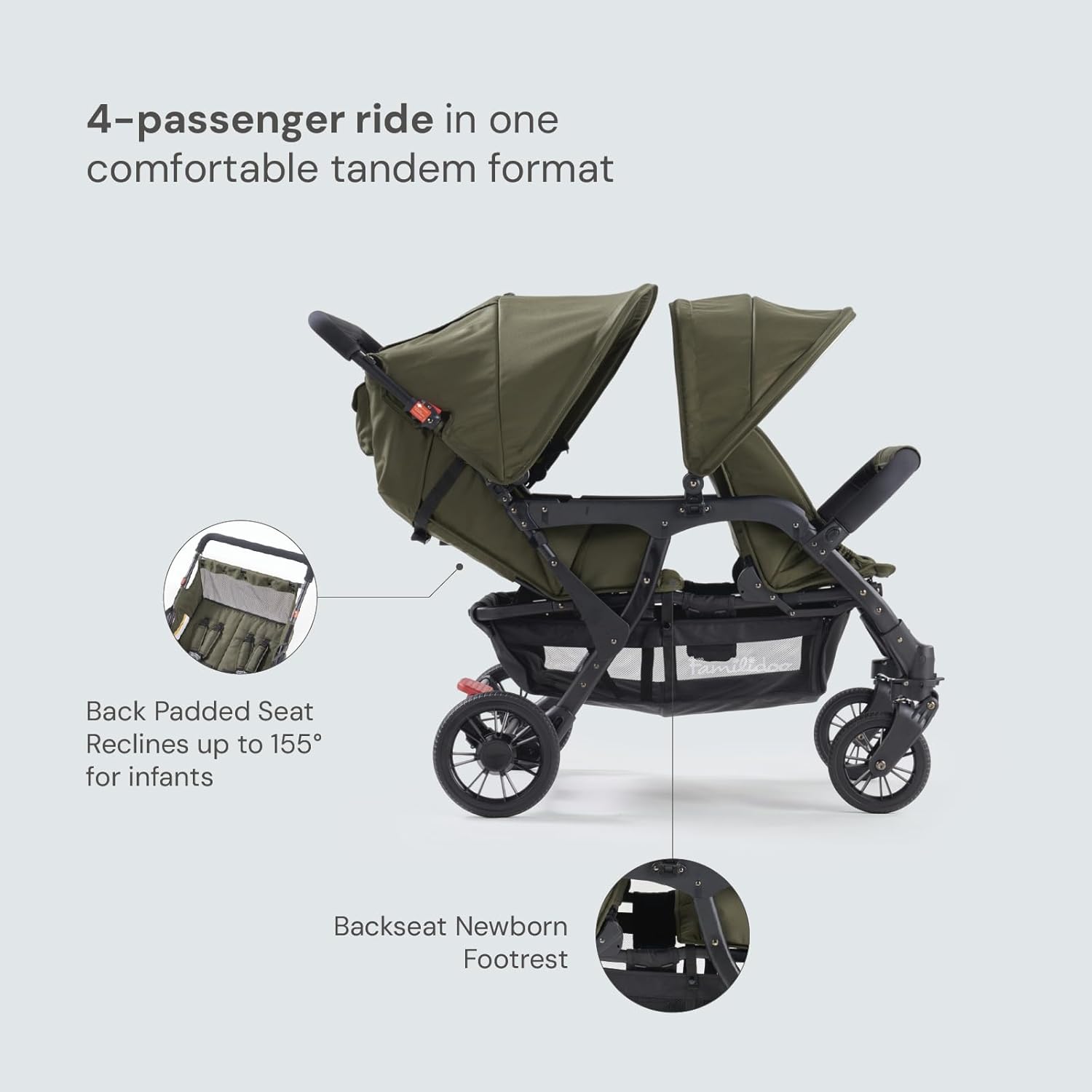 Familidoo H4E Quad Lidoo Lite 4-Seater Stroller Wagon for Kids, Lightweight & Foldable with Reclining Seats, 5-Point Harness, Double Canopy & Rain Cover (Olive)