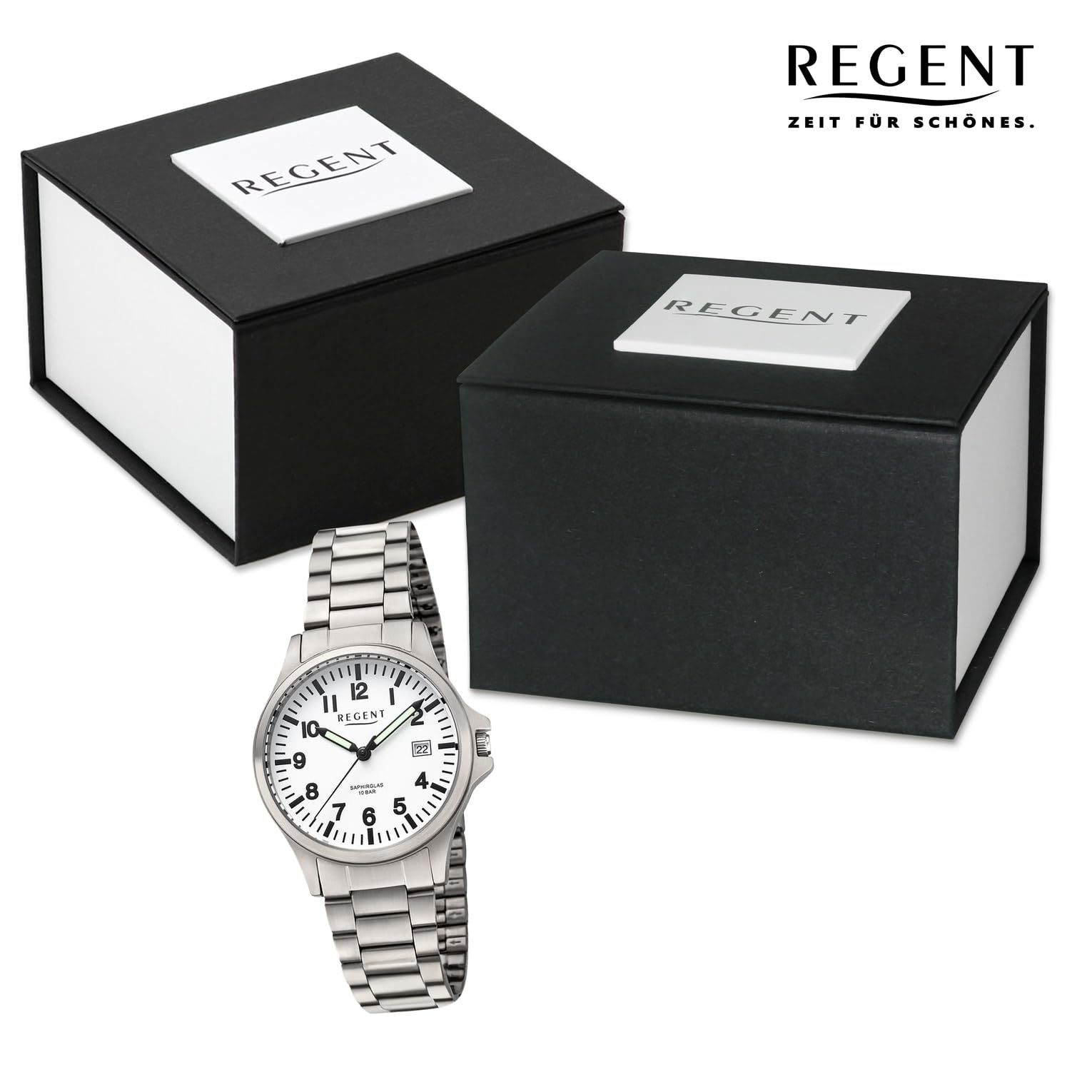 REGENT Zegarek tytanowy unisex z bransoletką 36 mm analogowy 10 ATM szkło szafirowe 1969.90.99, Taśma tytanowa, biała