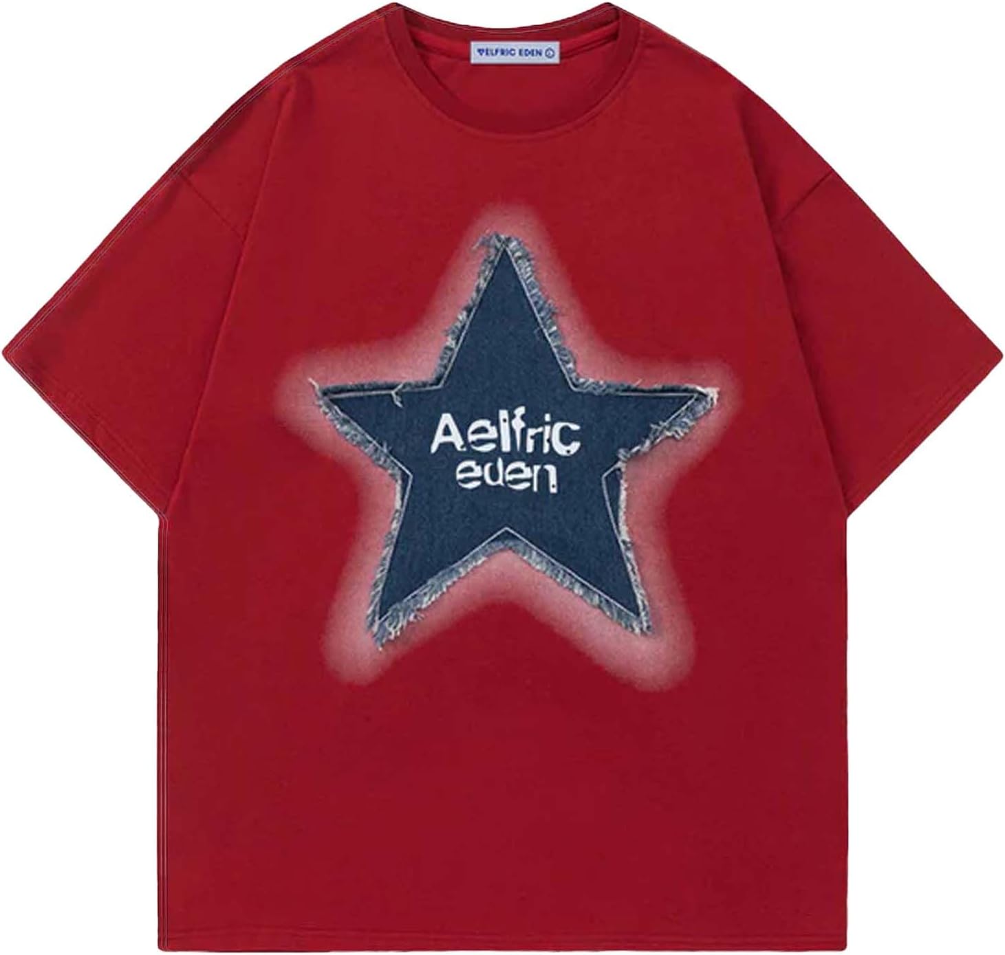 Aelfric Eden Star T Shirts Oversized Graphic Tees Denim Patchwork Short Sleeve Crewneck Shirts Y2K Vintage Unisex Streetwear