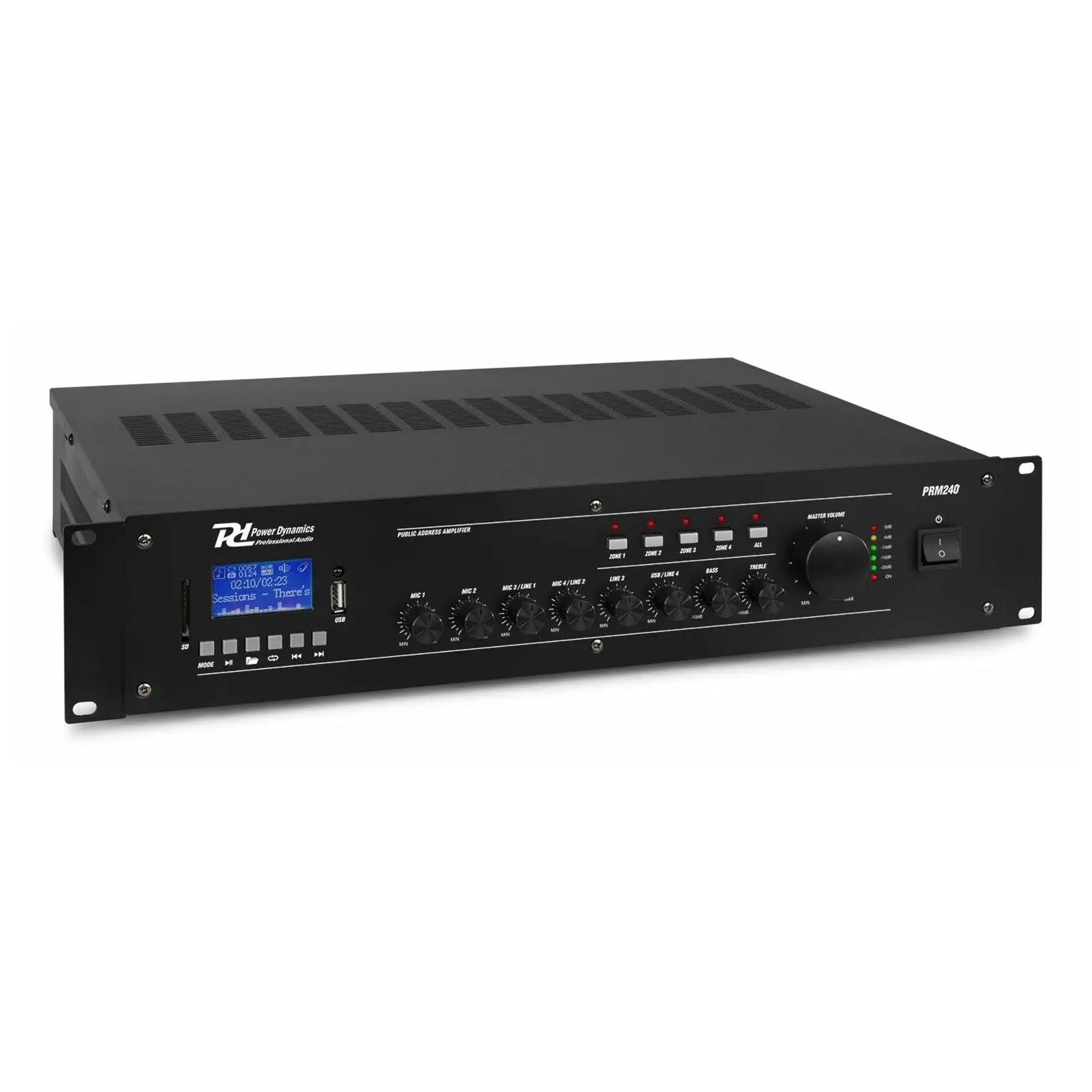 Power Dynamics Conjunto de Altavoces Exteriores - 4 Altavoces 150W IPX5, Amplificador PRM240 240W, Bluetooth, Reproductor MP3 USB/SD, Soportes de Montaje, Cable de 50m