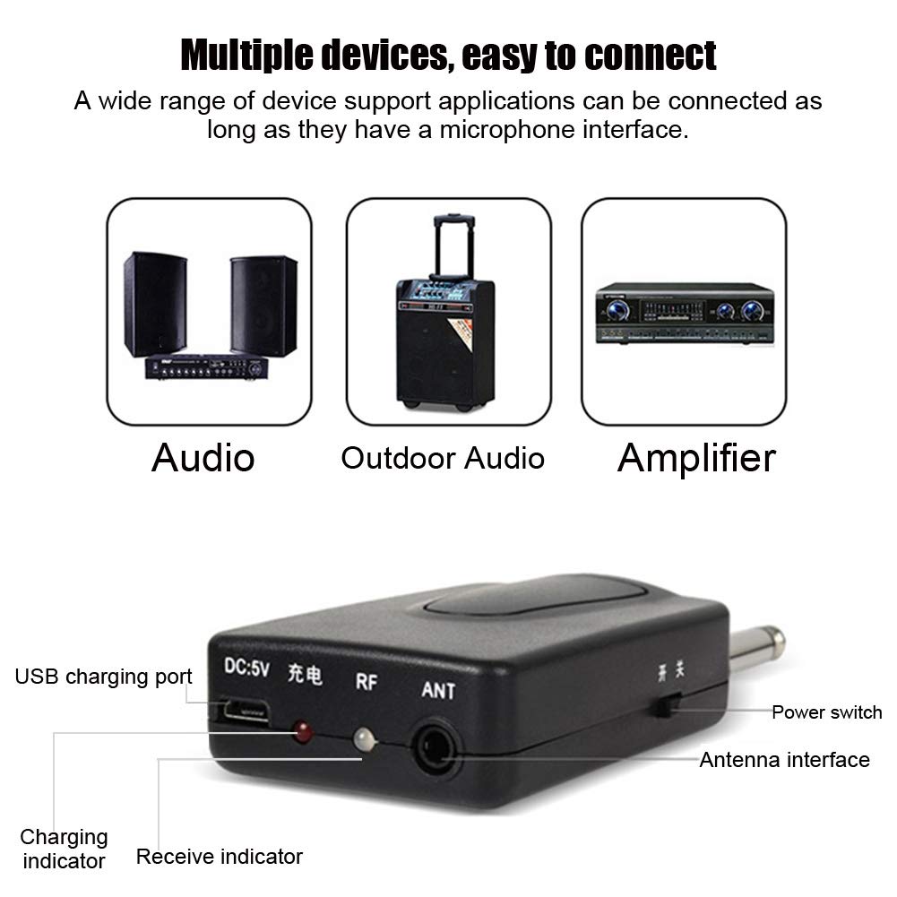 Microfono senza fili, microfono portatile senza fili UHF con ricevitore trasmettitore 2 in 1 microfono ricaricabile.