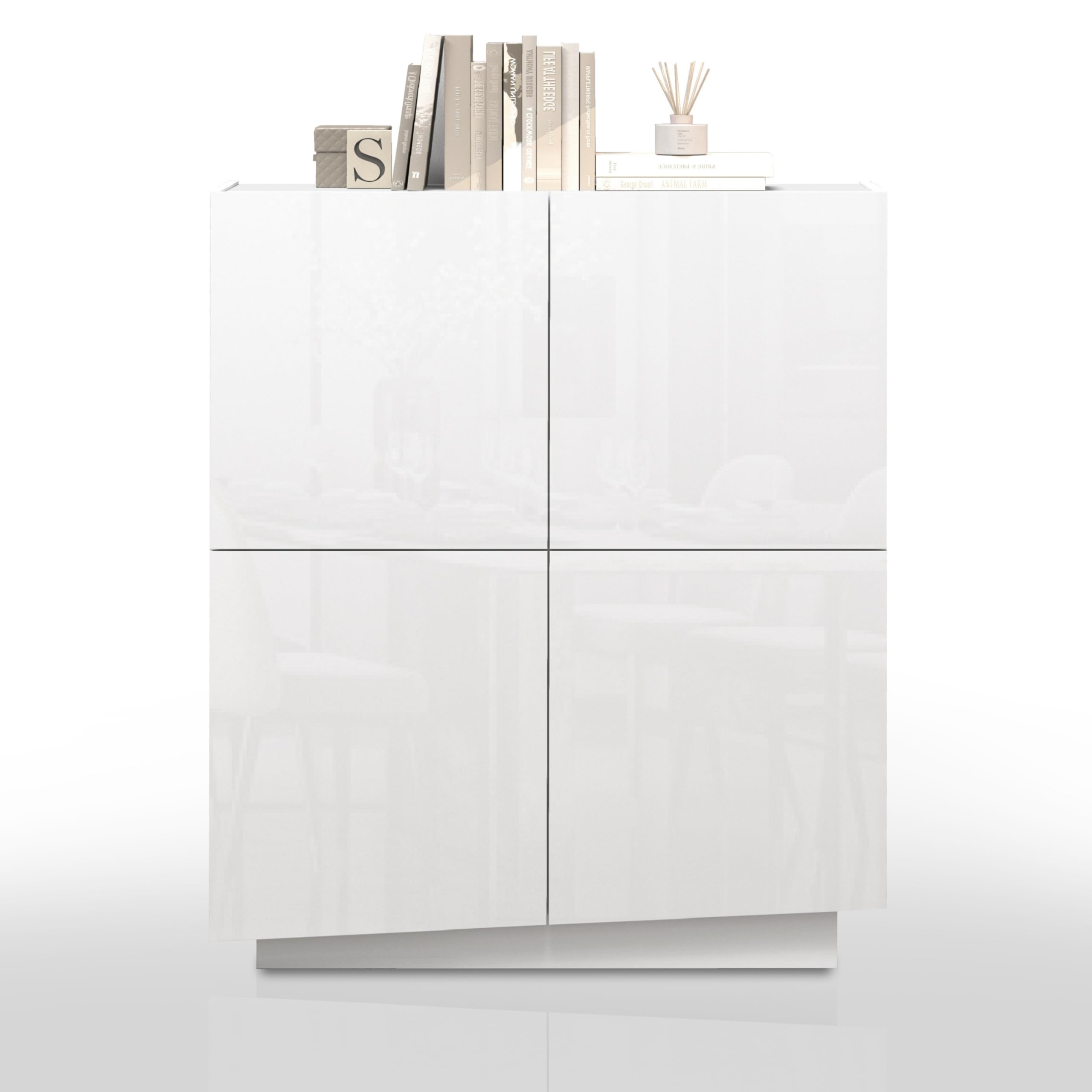 WHOUS Buffet Vela pour Salon avec 4 Portes et 8 Compartiments, bahut pour Salon, Cuisine et Salle à Manger, 100 x 35 x 120,4 cm, Couleur Blanc Brillant