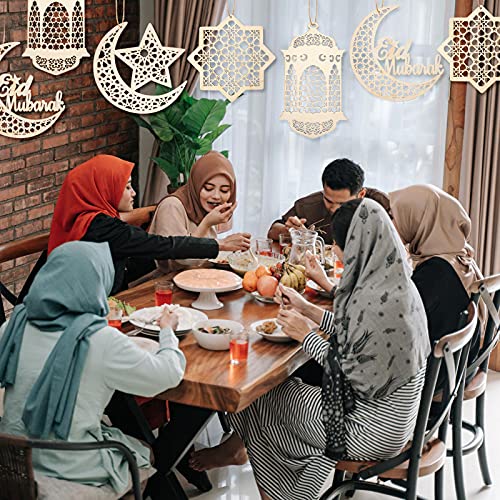 9 Pieces Wooden Pendant Ornament Ramadan Kareem Hollow Decoration Moon Star Wind Light Shape Pendant Ornament Rustic Happy Eid Hanging Sign For Ramadan Mubarak Eid Party Decorations #TOP3