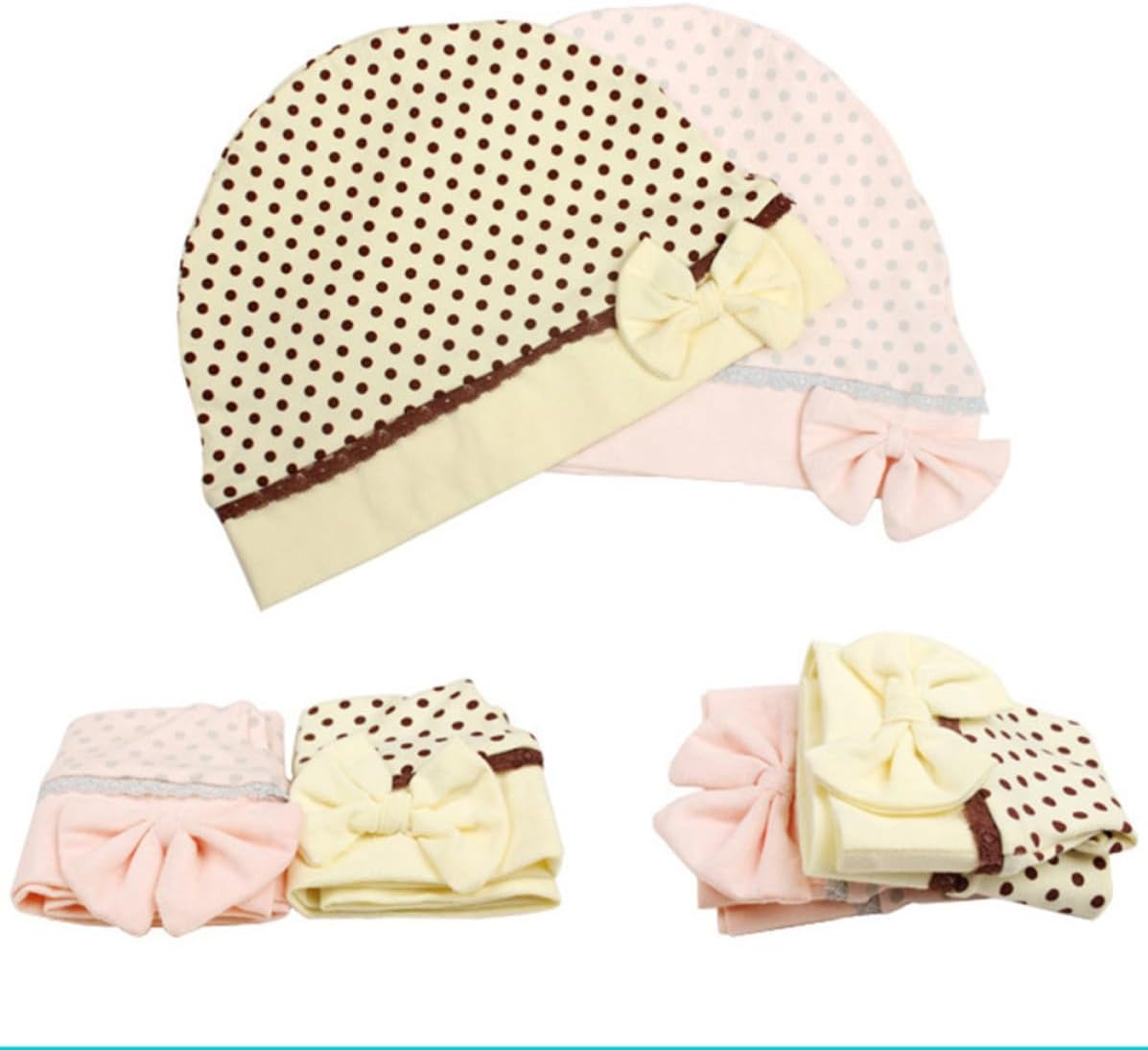 ARTIBETTER 2pcs Women Bowknot Cotton Caps for Chemotherapy and Casual Daily Wear, Comfortable Night Headscarves Protecting Head, Yellow and Pink Hats for Clothes Matching