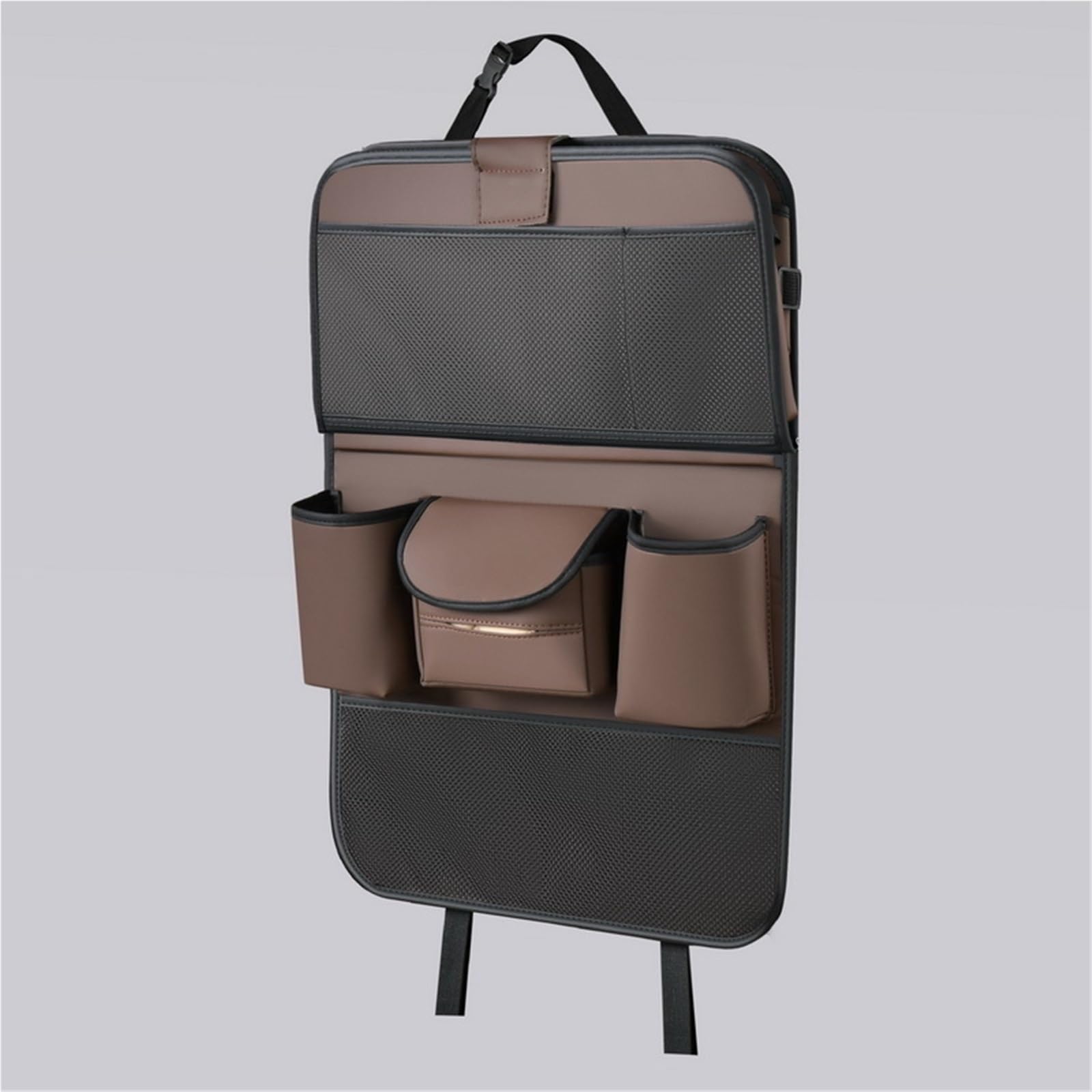Organizador de asiento trasero de coche con mesa, bolsa de almacenamiento de piel sintética con bandeja plegable, organizador de asiento trasero multifunción para coche, camión, SUV (gris)