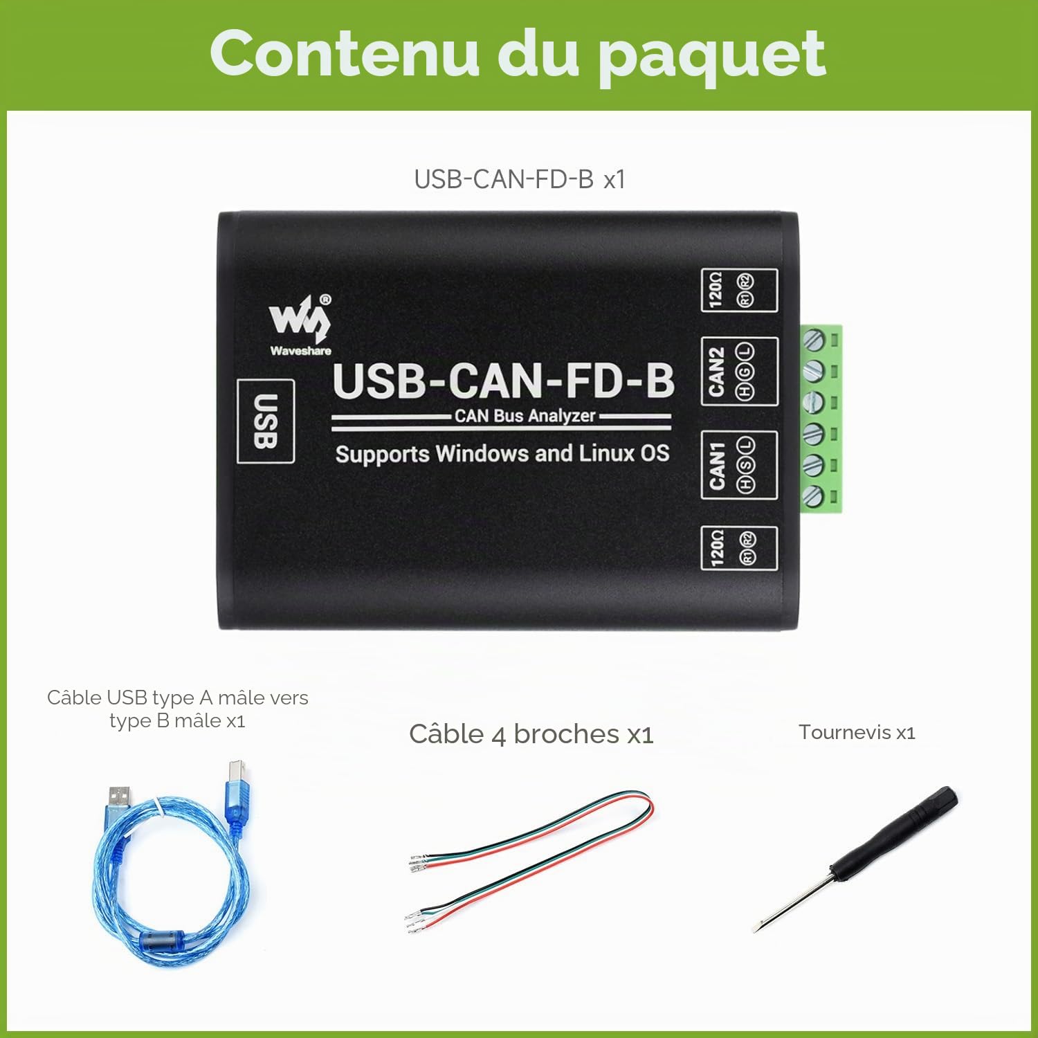 Waveshare Industrial Grade Can/Can FD Bus Data Analyzer, USB to Can FD Adapter, Can/Can FD Bus Communication Interface Card, Can/Can FD Protocol Data Analyzer, Support Windows and Linux