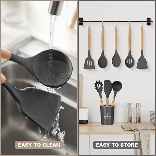 Miniatura 4 de Juego de utensilios de cocina, 12 piezas de utensilios de cocina de silicona con mango de madera, resistentes al calor, pinzas antiadherentes,