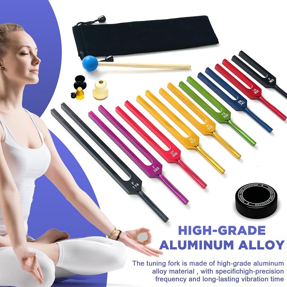 Stimmgabel Neurologie, 10er Set mit Sockel + 2 Silikonhämmer und Reinigungstücher, Ideale Stimmgabeln für Heilung, Chakrenheilung, Klangheilung, Anti-Kompression.