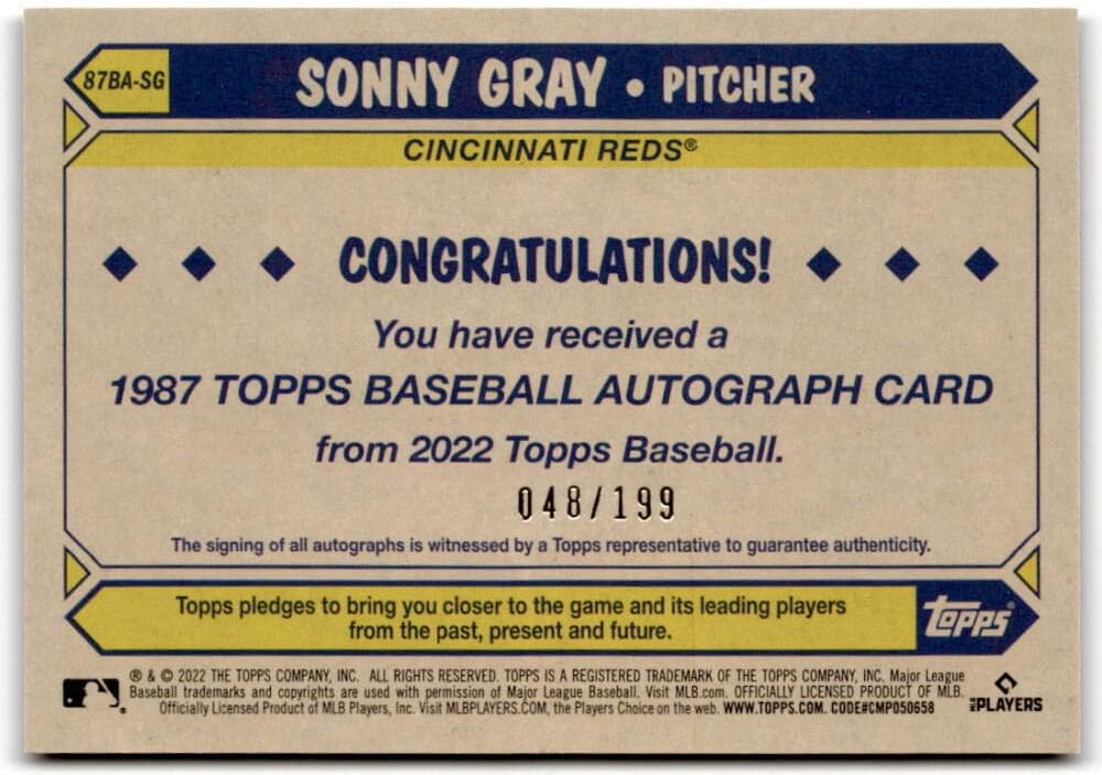 2022 Topps 1987 Topps Baseball Autograph Black #87BA-SG Sonny Gray NM-MT Auto 048/199 Reds