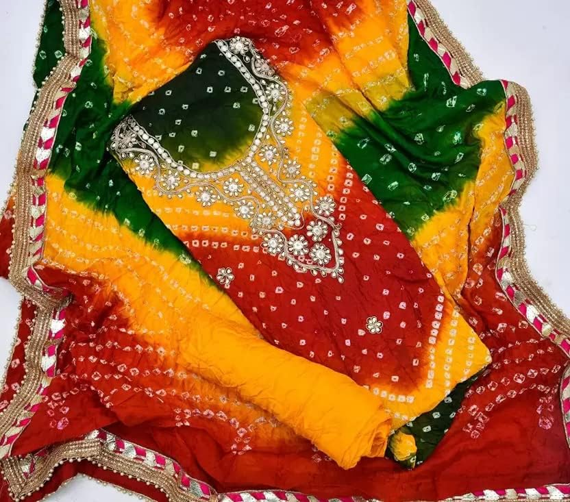 PK HUB Women's Art Silk Bandhani Dress Material – Unstitched Salwar Suit with Gota Patti Work – Traditional Ethnic Wear for Women & Girls, Traditional Fabric (Red-Yellow-Green)