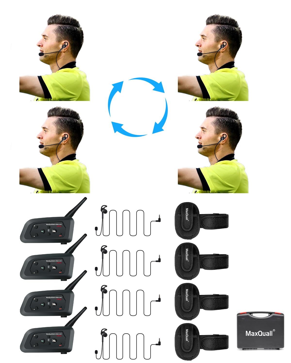 Referee Communication System 4 Person, V4 Plus Referee Headset Football Wireless Bluetooth Soccer Intercom Built-in Pairing Memory-Latest Chip-Newly Designed Earpiece(4V4(L Earphone))