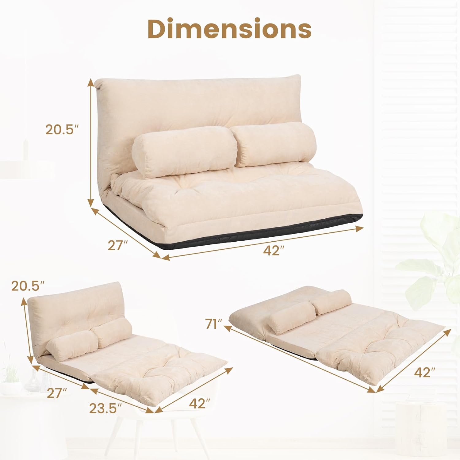 KOMFOTT Foldable Floor Lazy Sofa with 2 Pillows, 6-Position Adjustable Reclining Sofa Sleeper Bed, Convertible Futon Couch Bed, Floor Couch Lounge for Relaxing, Reading, Playing, Gaming (Beige)