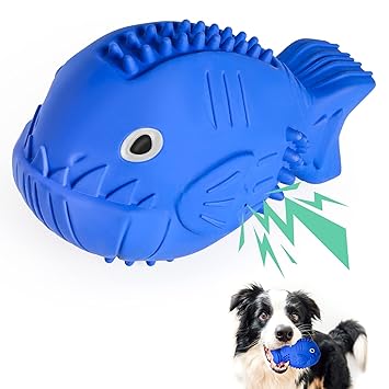 iPettie Squeaky Dog Toys for Aggressive Chewers, Durable Tough Dog Dental Chew Toys for Large/Medium Breed, Natural Rubber Interactive Toys w/ Beef Flavor, Piranha Shape, Blue