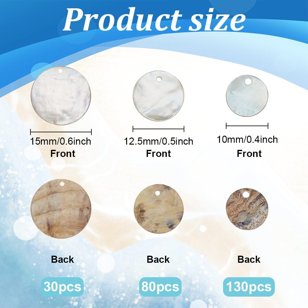 WEBEEDY 240 Pcs 3 Style Natural Shell Beads, Flat Round Mother of Pearl Beads with Hole Seashell Disc Coin Charm for DIY Earrings Necklaces Jewelry Making Accessories,10/12.5/15mm(0.4/0.5/0.6") - Image 2