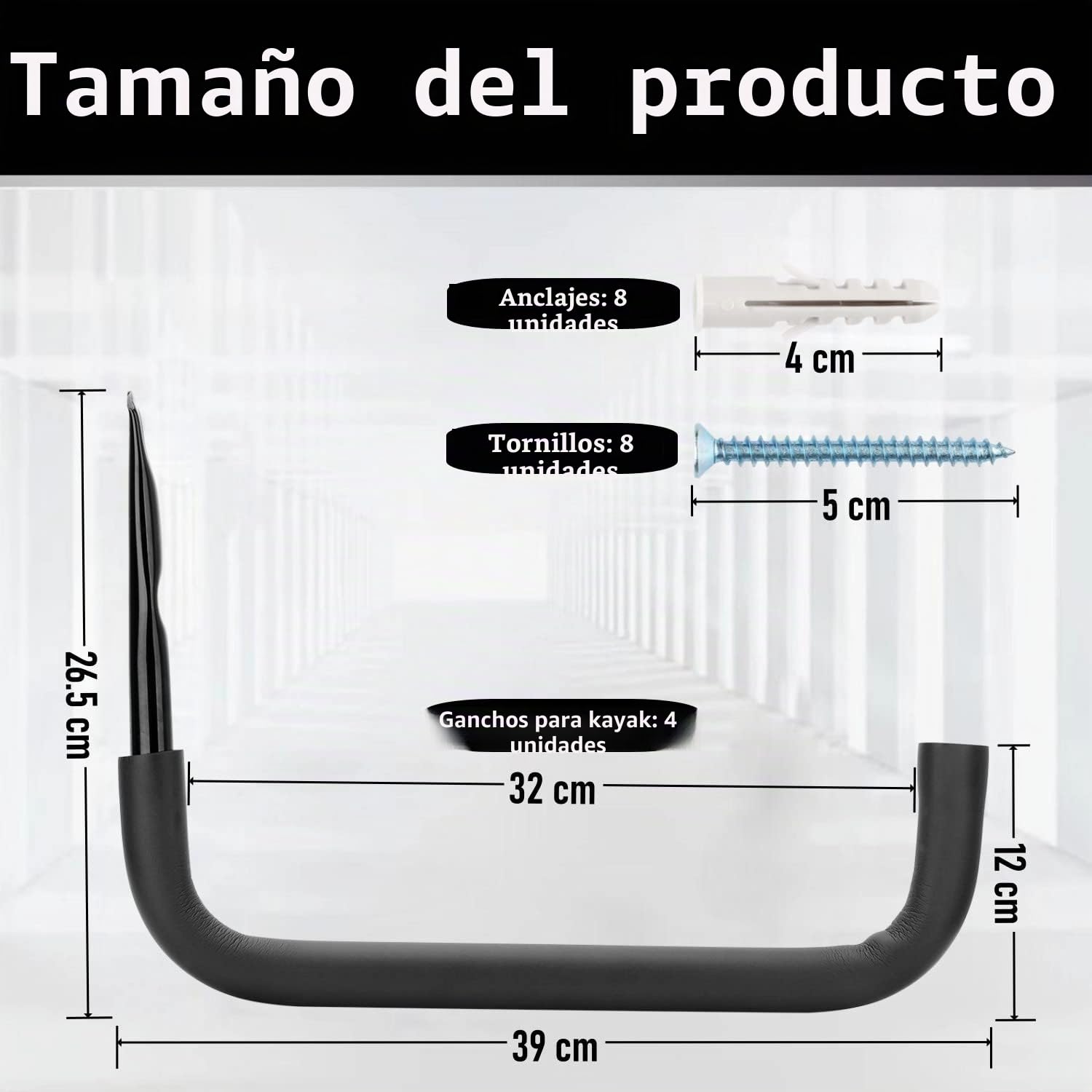 Gancho de almacenamiento de garaje, estante de almacenamiento de kayak de acero resistente de 39 cm, paquete de 4 perchas de garaje de montaje en pared para escalera, canoa, tabla de surf