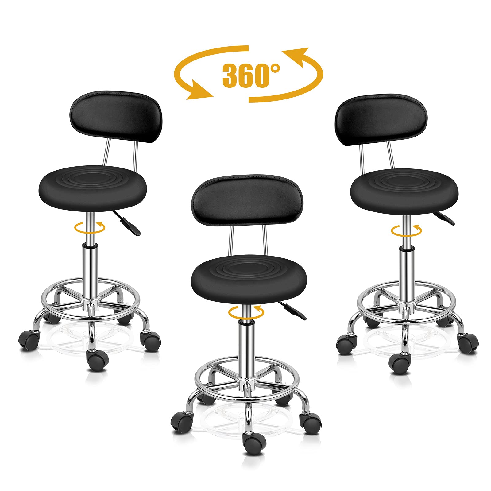 Bonnlo Tabouret à roulettes,réglable en Hauteur avec Dossier | Tabouret de Bureau, Travail, pivotant pour Salon et Bar, Similicuir, Noir