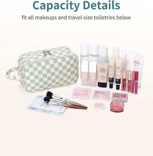 Travel Toiletry Wash Bag for Women Traveling Dopp Kit Makeup Bag Organizer for Toiletries Accessories Cosmetics (Mint Green Checkerboard) - 2
