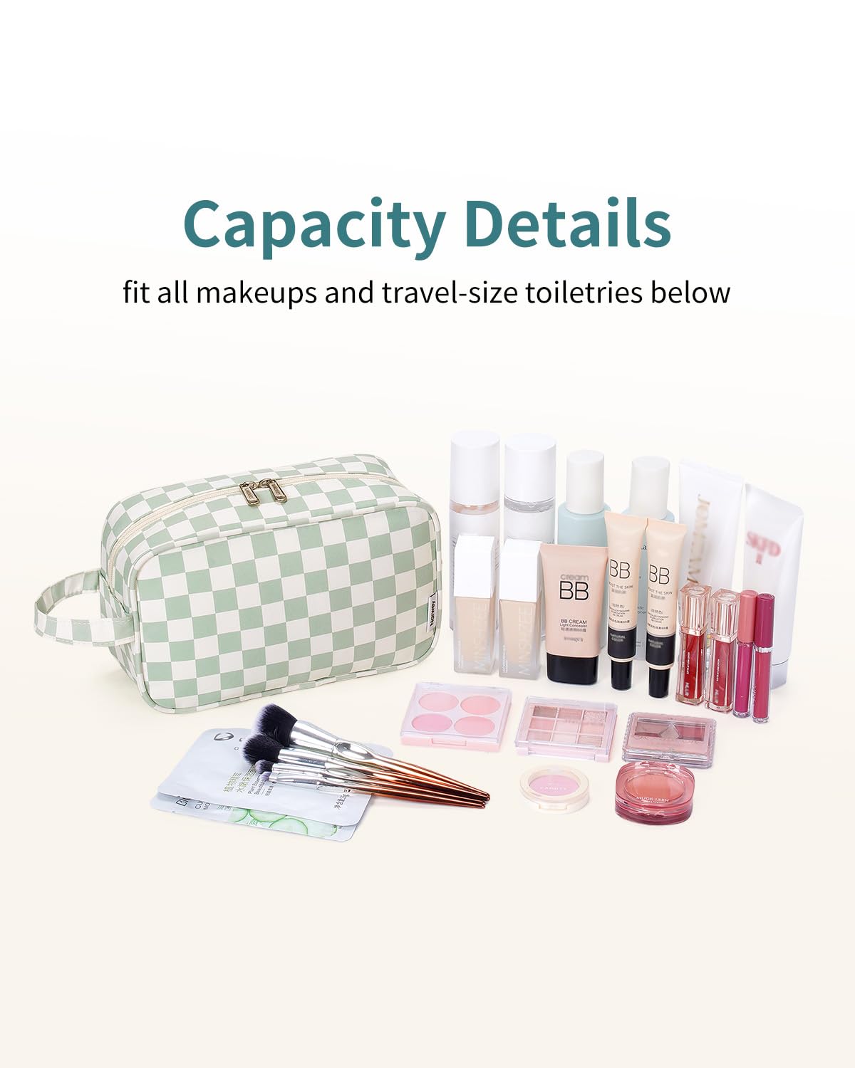 Travel Toiletry Wash Bag for Women Traveling Dopp Kit Makeup Bag Organizer for Toiletries Accessories Cosmetics (Mint Green Checkerboard) - 2