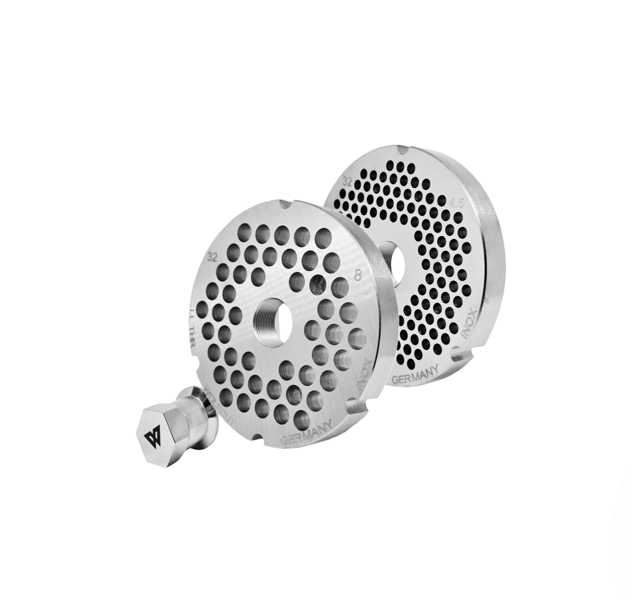 Wolfcut Inox Longlife - Juego de cuchillas para picadora de carne (4 ranuras y rosca de 4,5 mm + orificio de 8,0 mm y tapa de rosca, repuesto para/compatible con picadora Bizerba FW-N32, tamaños 32)