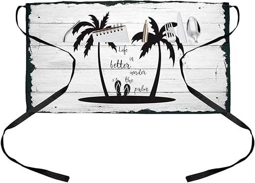 DecorLovee Summer Beach Life - Delantal de camarera con 3 bolsillos, diseño de palmeras, diseño de rayas de madera desgastadas, delantales de