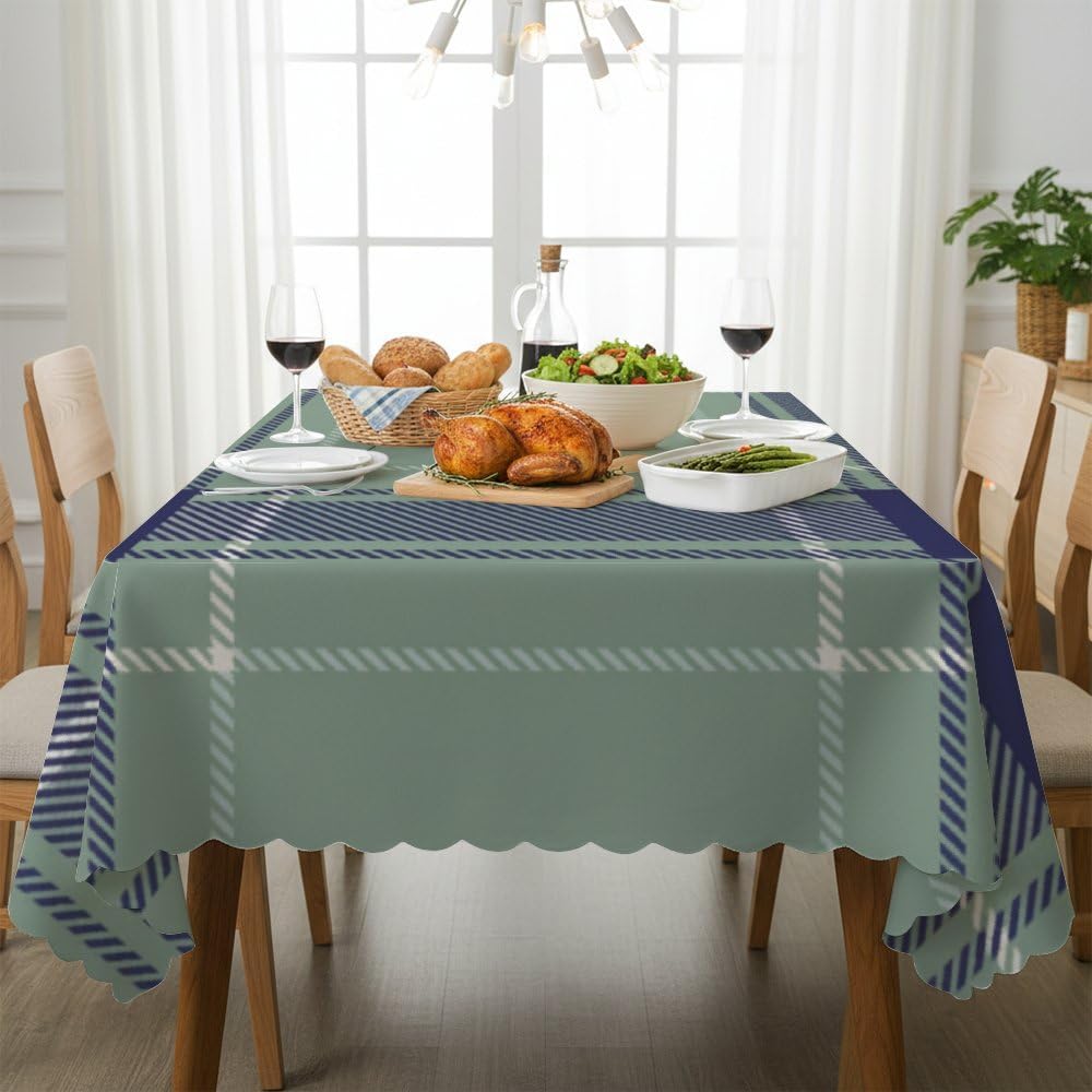 Navy Blue Green Tartan Motif Table Covers 55 × 70 Inch, Reusable Coquette 2 Year Old Birthday Party, Girl Birthday Decorations Girly Table Cloth for Home Party Beach Cover