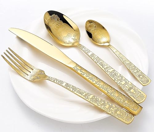 Miniatura 5 de XIAOYU Juego de cubiertos de acero inoxidable retro de 16 piezas, juego de cubiertos vintage, incluye cuchillos, tenedores, cucharas, servicio para