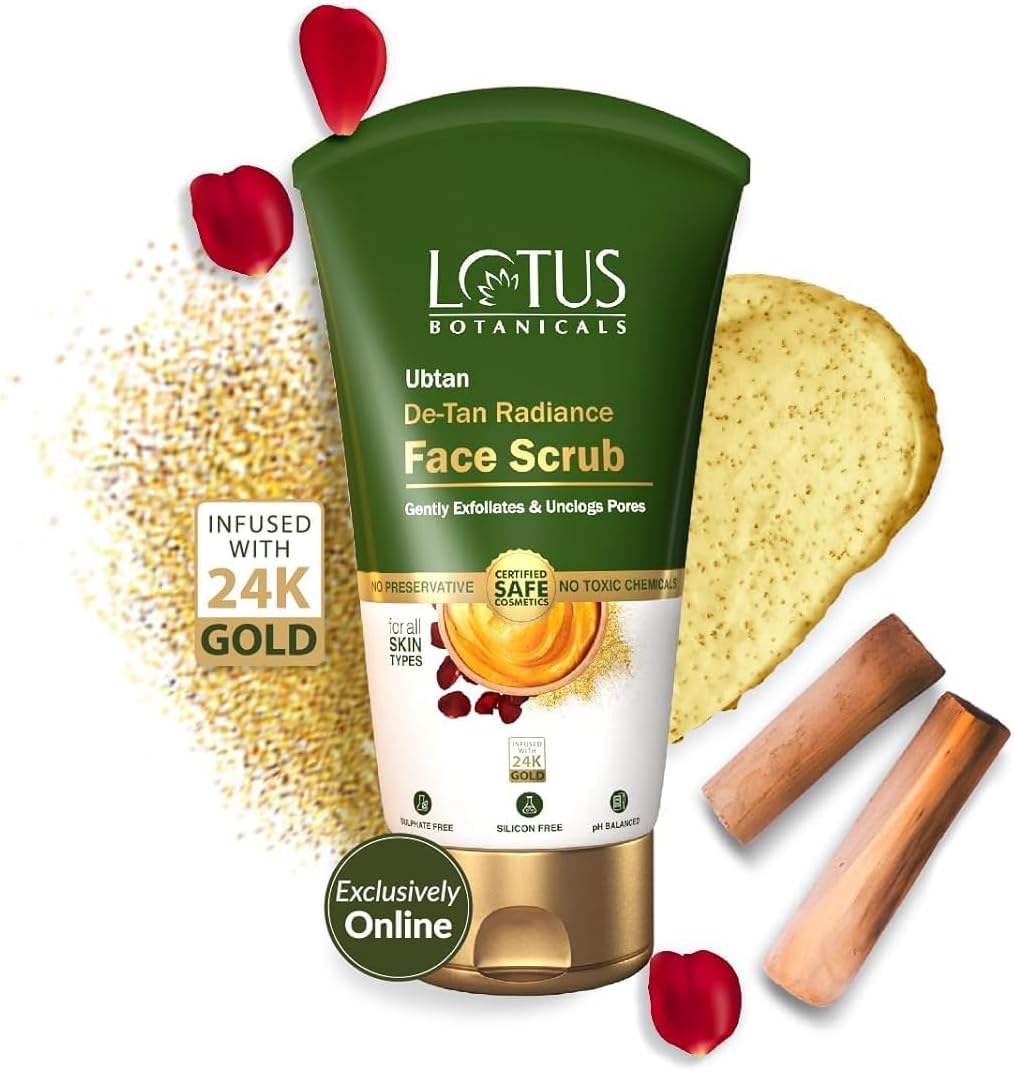 Ubtan De-Tan Radiance Face Scrub | Infused with 24K Gold | For Gentle Exfoliation, Unclogs Pores, Glowing & Rejuvenated Skin, Anti-Tan | No Silicon, No Sulphates, Non-Comedogenic, No Preservatives | 100g